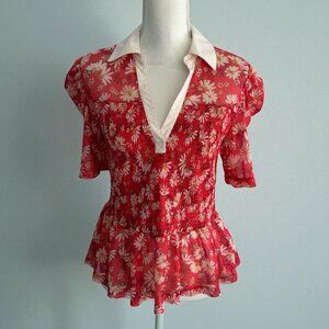 MAEVE Red Floral Collared Smocked Blouse Size Medium